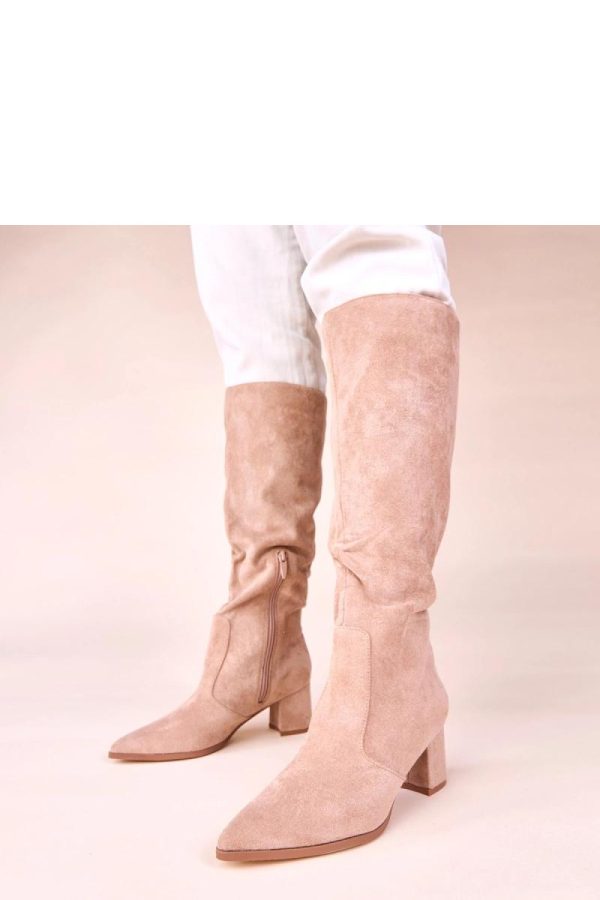 Beige Heel Boots in Over The Knee High Boots, Thigh High Boots with Fabric, Footbed, Upper Height and Heel Height