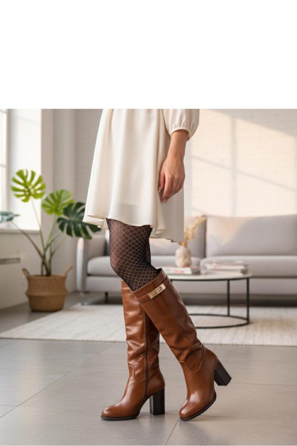 Brown Heel Boots..Fabric, Footbed, Upper Height and Heel Height