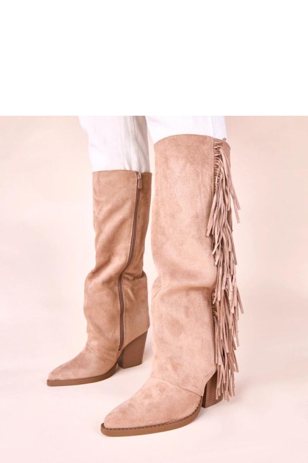 Beige Heel Boots in Over The Knee High Boots, Thigh High Boots with Fabric, Footbed, Upper Height and Heel Height