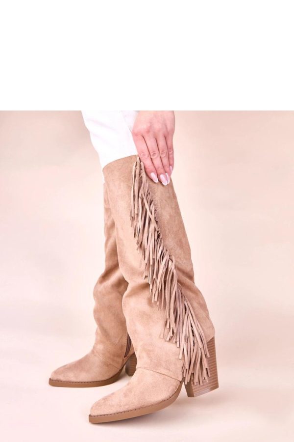 Beige Heel Boots in Over The Knee High Boots, Thigh High Boots with Fabric, Footbed, Upper Height and Heel Height