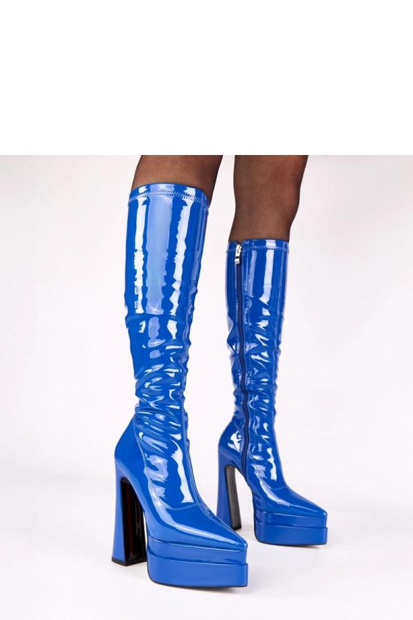 Blue Heel Boots in Over The Knee High Boots, Thigh High Boots with Fabric, Footbed, Upper Height, Heel Height and Platform Height