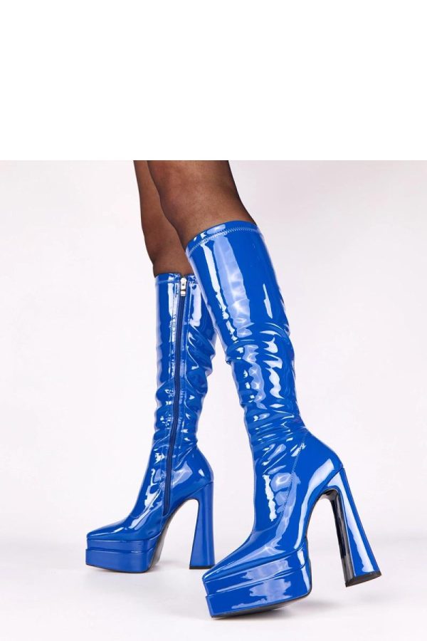 Blue Heel Boots in Over The Knee High Boots, Thigh High Boots with Fabric, Footbed, Upper Height, Heel Height and Platform Height