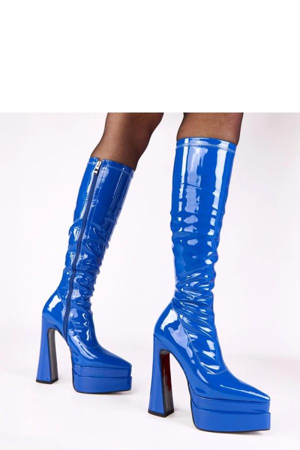 Blue Heel Boots in Over The Knee High Boots, Thigh High Boots with Fabric, Footbed, Upper Height, Heel Height and Platform Height