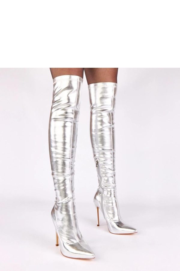 Grey Heel Boots in Over The Knee High Boots, Thigh High Boots with Fabric, Footbed, Upper Height and Heel Height