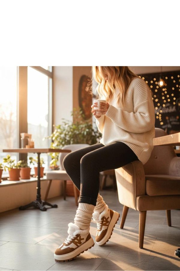 Brown Sport Shoes in Women`s Athletic Shoes, Trainers, Sneakers with Fabric, Warmers, Footbed and Platform Height
