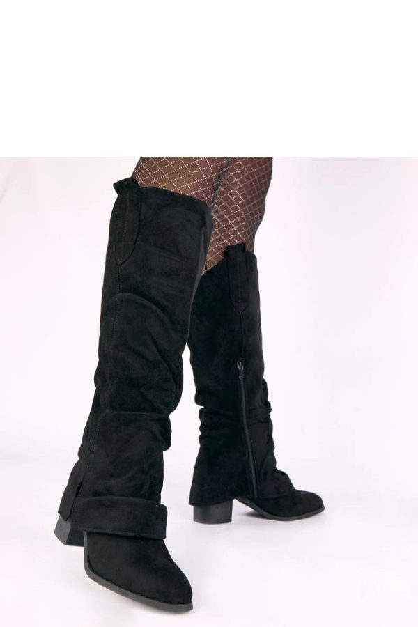 Black Heel Boots in Over The Knee High Boots, Thigh High Boots with Fabric, Footbed, Upper Height and Heel Height