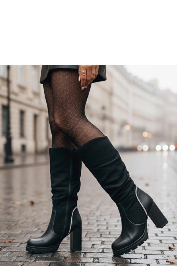 Black Heel Boots in Over The Knee High Boots, Thigh High Boots with Fabric, Footbed, Upper Height and Heel Height