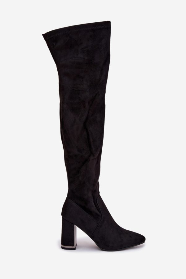 Black Heel Boots in Over The Knee High Boots, Thigh High Boots with Fabric, Footbed, Upper Height and Heel Height
