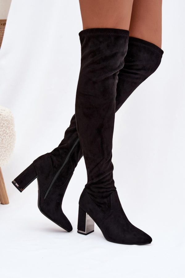 Black Heel Boots in Over The Knee High Boots, Thigh High Boots with Fabric, Footbed, Upper Height and Heel Height