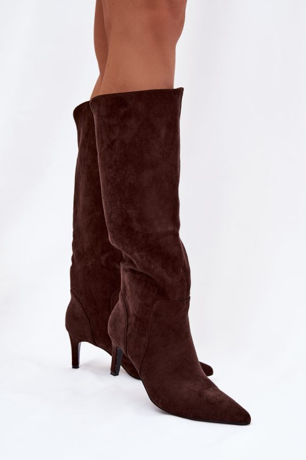 Brown Heel Boots in Over The Knee High Boots, Thigh High Boots with Fabric, Warmers, Footbed, Upper Height and Heel Height