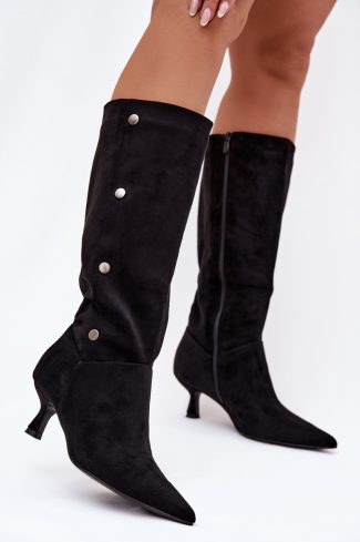 1105490.jpg Black Heel Boots in Over The Knee High Boots, Thigh High Boots with Fabric, Footbed, Upper Height and Heel Height