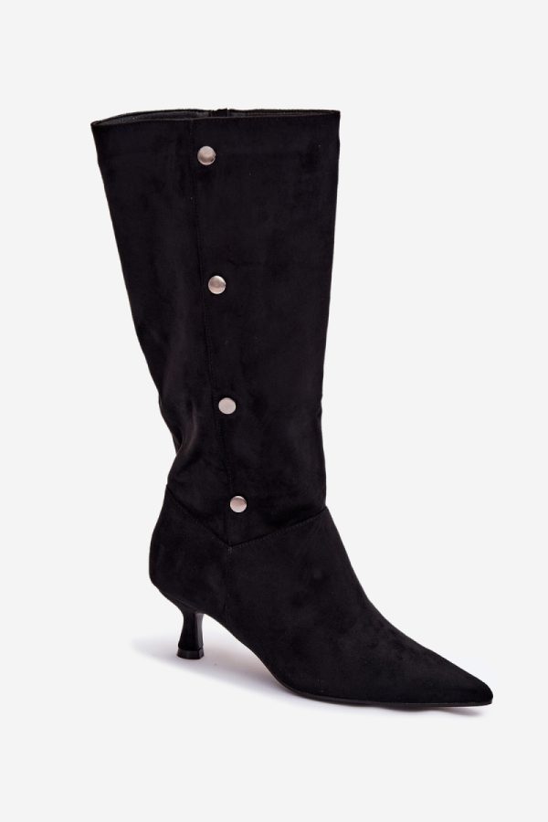 Black Heel Boots in Over The Knee High Boots, Thigh High Boots with Fabric, Footbed, Upper Height and Heel Height