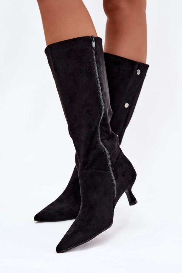 Black Heel Boots in Over The Knee High Boots, Thigh High Boots with Fabric, Footbed, Upper Height and Heel Height