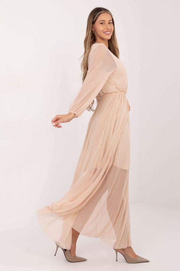 Beige Long Dress in Evening Dresses with Polyester and Viscose
