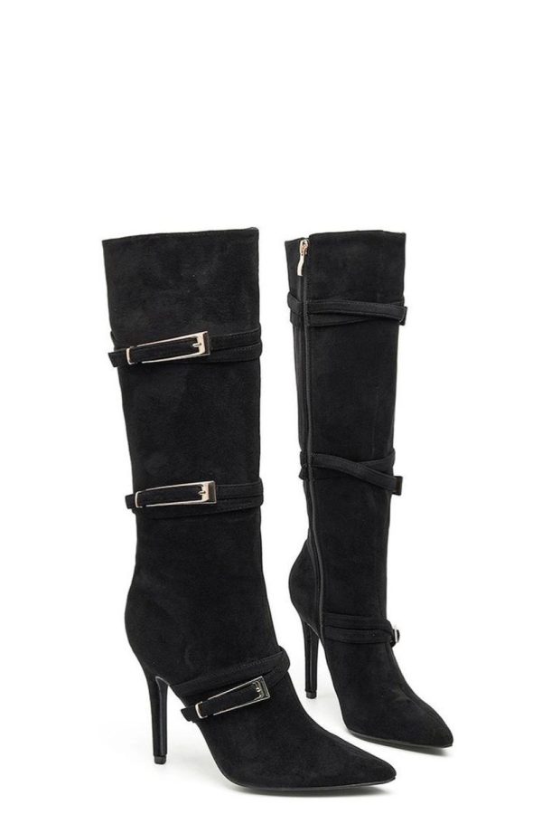 Black Heel Boots in Over The Knee High Boots, Thigh High Boots with Fabric, Footbed, Upper Height and Heel Height