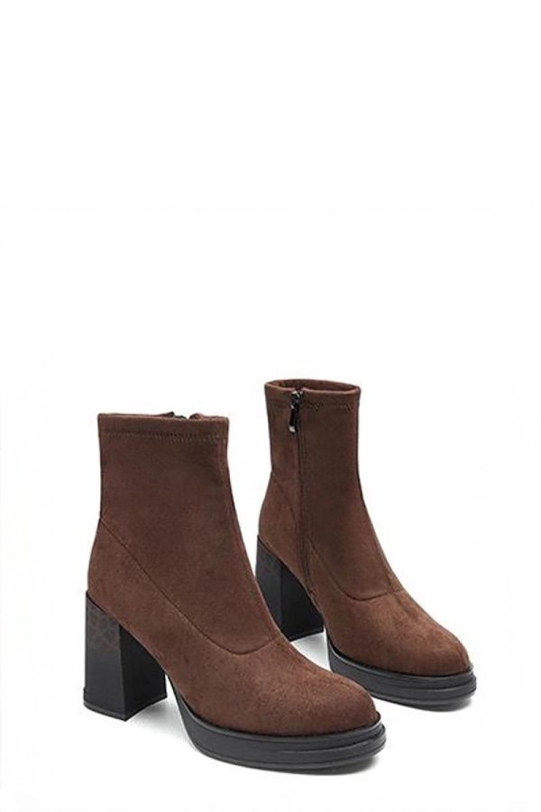 Brown Heel Boots...Fabric, Footbed, Upper Height and Heel Height