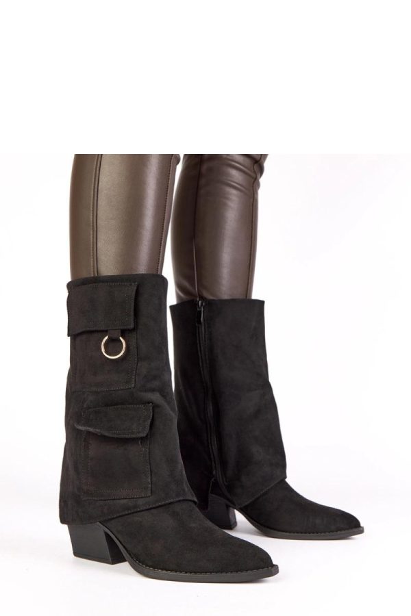 Black Heel Boots.Fabric, Footbed, Upper Height and Heel Height