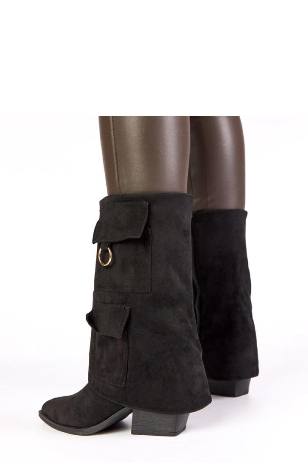 Black Heel Boots.Fabric, Footbed, Upper Height and Heel Height
