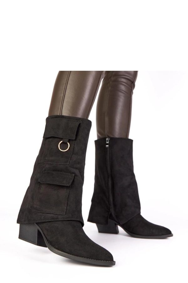 Black Heel Boots.Fabric, Footbed, Upper Height and Heel Height