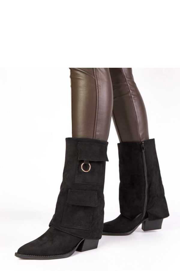 Black Heel Boots.Fabric, Footbed, Upper Height and Heel Height