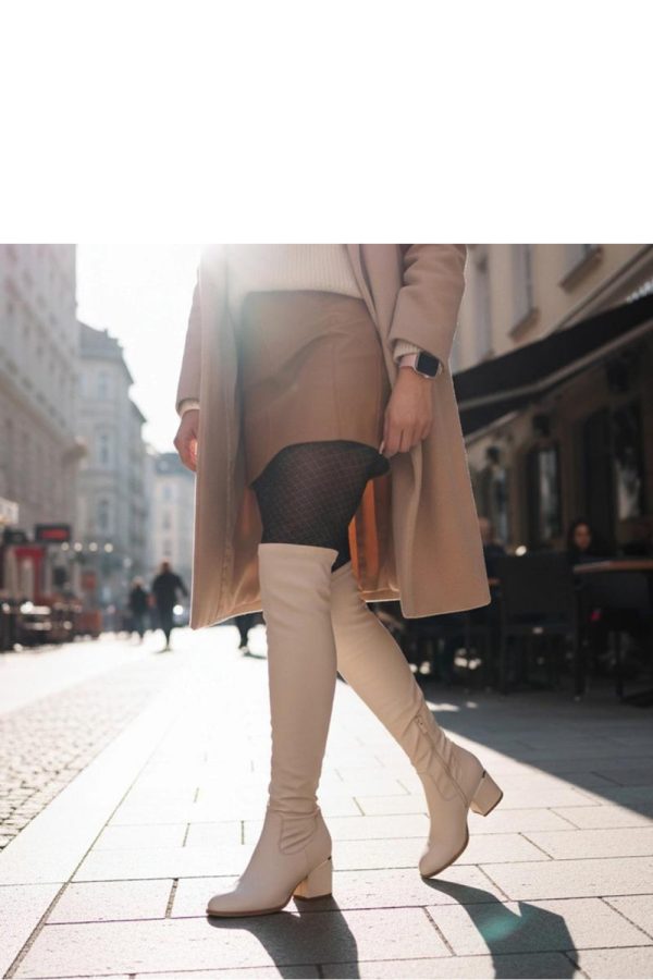 Beige Heel Boots in Over The Knee High Boots, Thigh High Boots with Fabric, Footbed, Upper Height and Heel Height