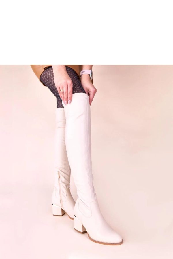 Beige Heel Boots in Over The Knee High Boots, Thigh High Boots with Fabric, Footbed, Upper Height and Heel Height