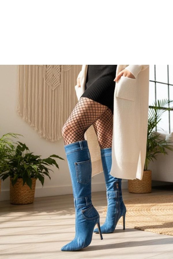 Blue Heel Boots in Over The Knee High Boots, Thigh High Boots with Fabric, Footbed, Upper Height and Heel Height
