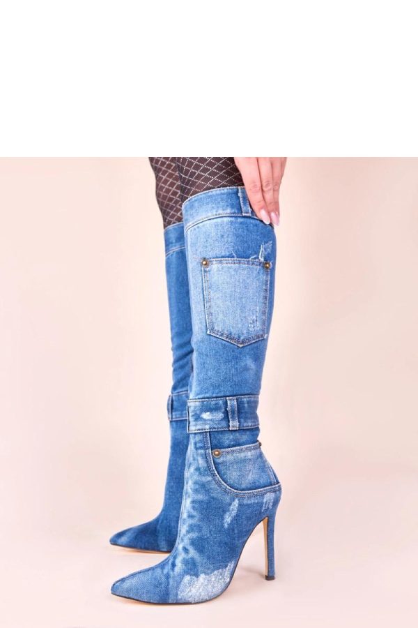 Blue Heel Boots in Over The Knee High Boots, Thigh High Boots with Fabric, Footbed, Upper Height and Heel Height
