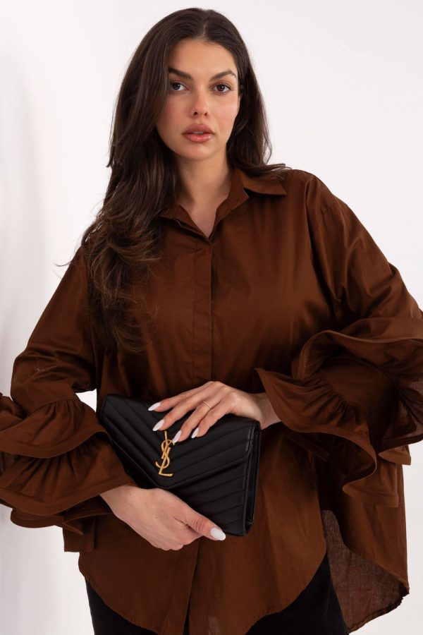 Brown Long Sleeve Shirt in Shirts For Women with Cotton