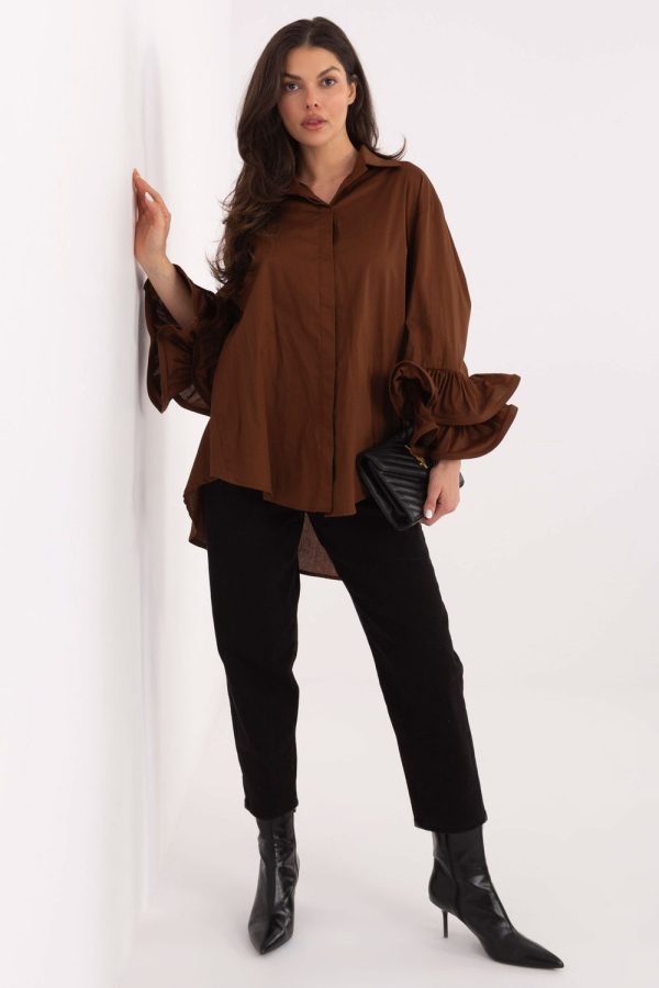 Brown Long Sleeve Shirt in Shirts For Women with Cotton