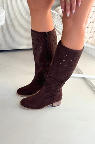 1107474.jpg Brown Open-work Boots in Over The Knee High Boots, Thigh High Boots with Fabric, Footbed, Upper Height and Heel Height