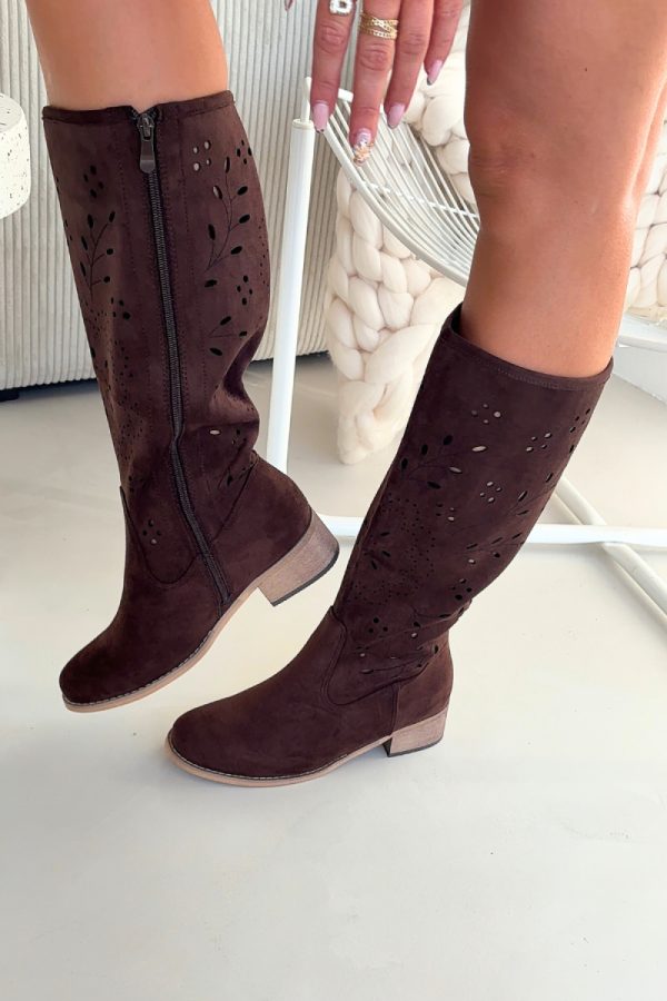 Brown Open-work Boots in Over The Knee High Boots, Thigh High Boots with Fabric, Footbed, Upper Height and Heel Height
