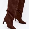 Brown Heel Boots in Over The Knee High Boots, Thigh High Boots with Fabric, Footbed, Upper Height and Heel Height