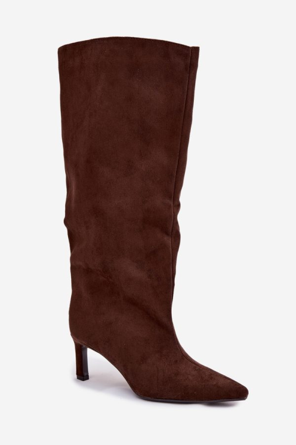 Brown Heel Boots in Over The Knee High Boots, Thigh High Boots with Fabric, Footbed, Upper Height and Heel Height