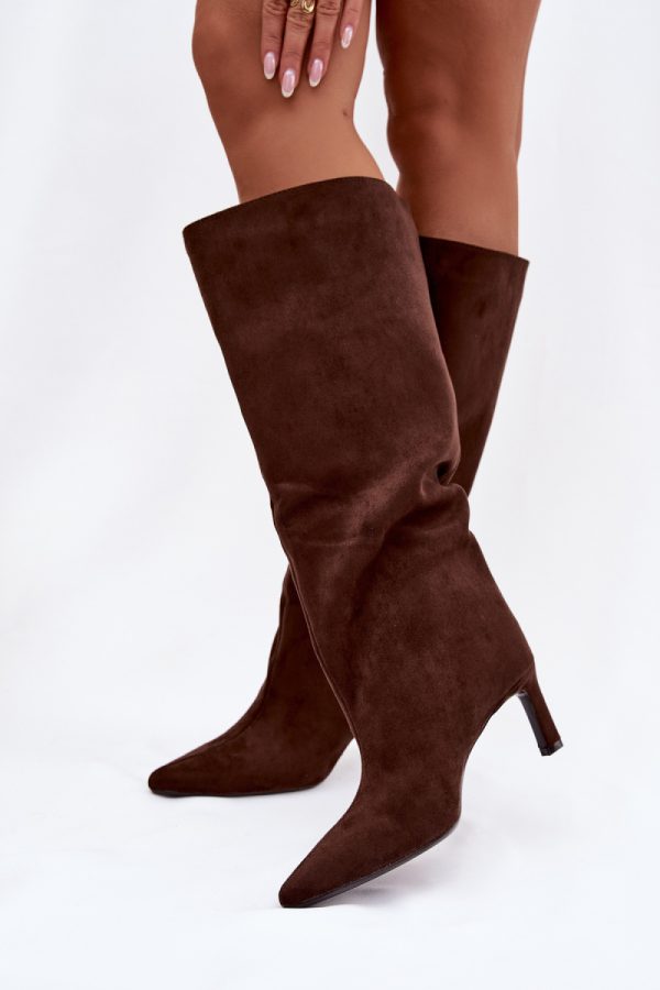 Brown Heel Boots in Over The Knee High Boots, Thigh High Boots with Fabric, Footbed, Upper Height and Heel Height