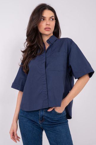 Navy Blue Short Sleeve Shirt in Shirts For Women with Cotton