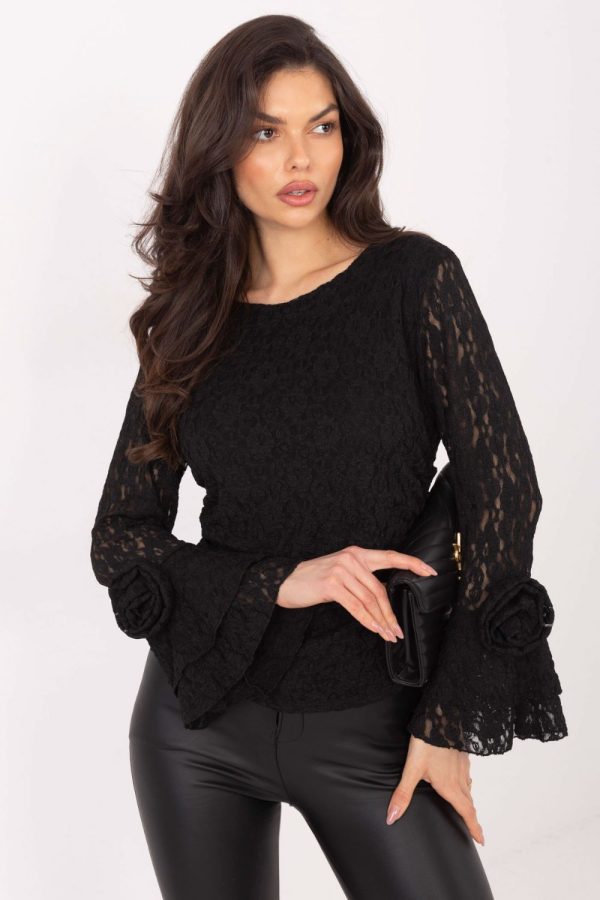Black Lace Blouse in Women`s Blouses, Tunics with Spandex and Polyester