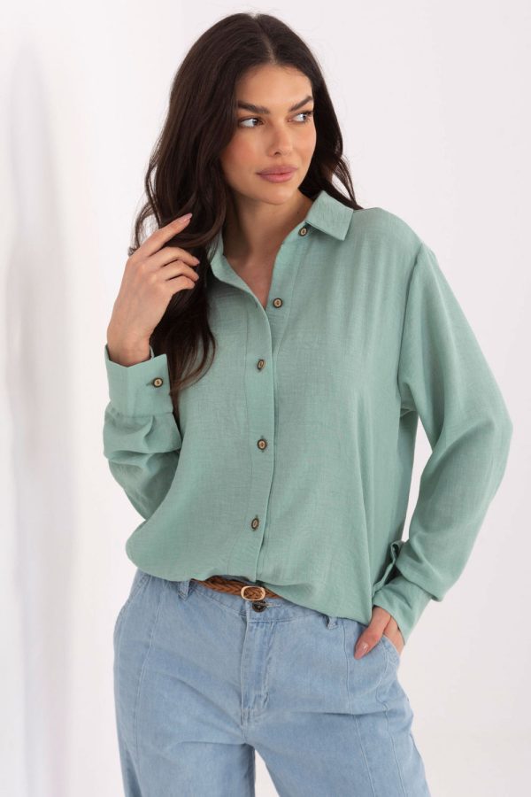 Green Long Sleeve Shirt in Shirts For Women with Cotton