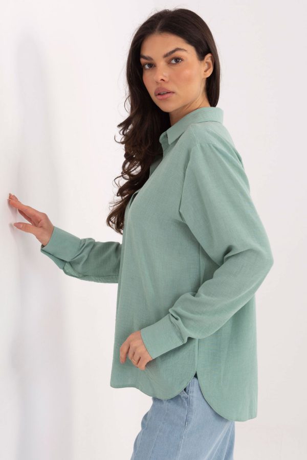 Green Long Sleeve Shirt in Shirts For Women with Cotton