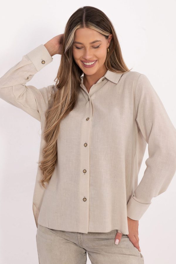 Beige Long Sleeve Shirt in Shirts For Women with Cotton