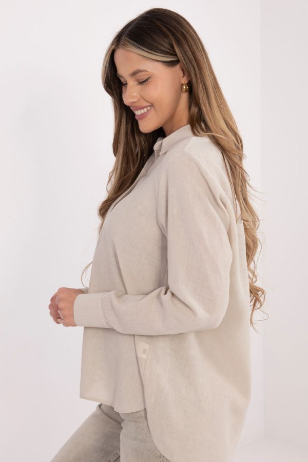 Beige Long Sleeve Shirt in Shirts For Women with Cotton