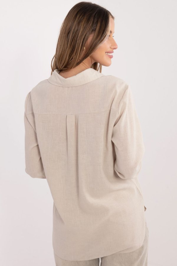 Beige Long Sleeve Shirt in Shirts For Women with Cotton
