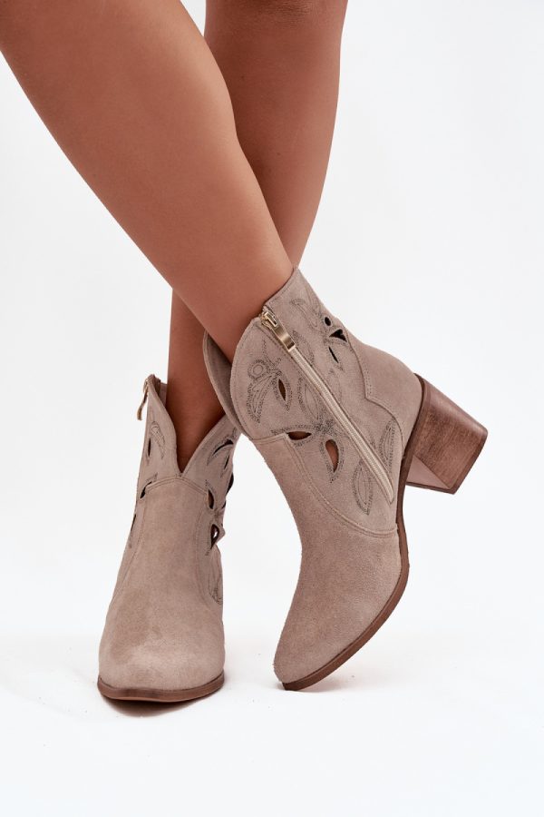 Beige Heel Boots in Women`s Ankle Boots & Booties with Fabric, Footbed, Upper Height and Heel Height