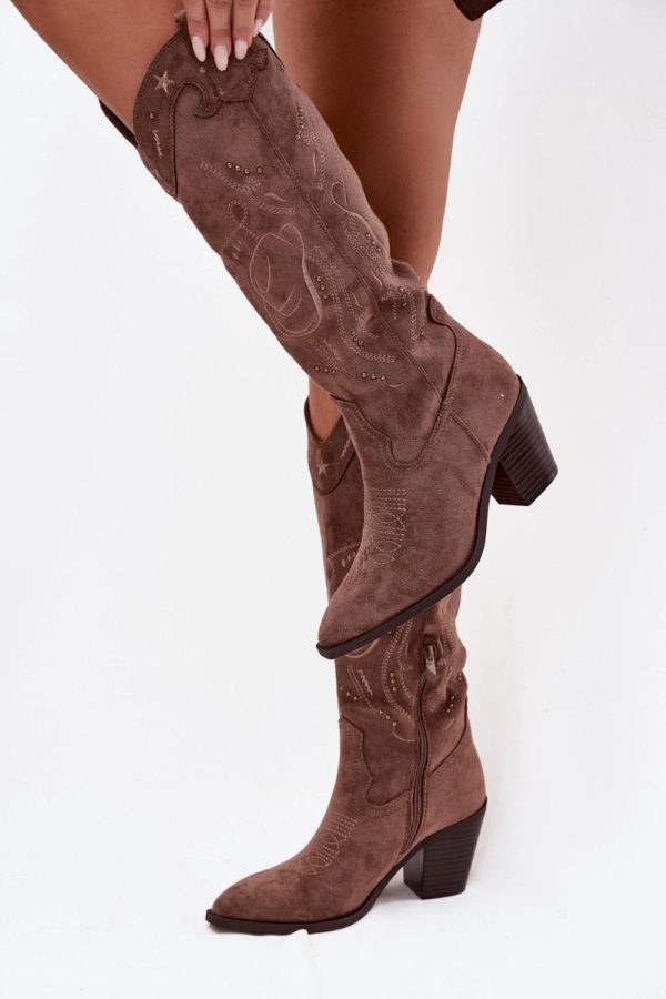 Beige Heel Boots in Over The Knee High Boots, Thigh High Boots with Fabric, Footbed, Upper Height and Heel Height