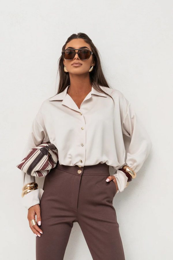 Beige Long Sleeve Shirt in Shirts For Women with Spandex and Viscose