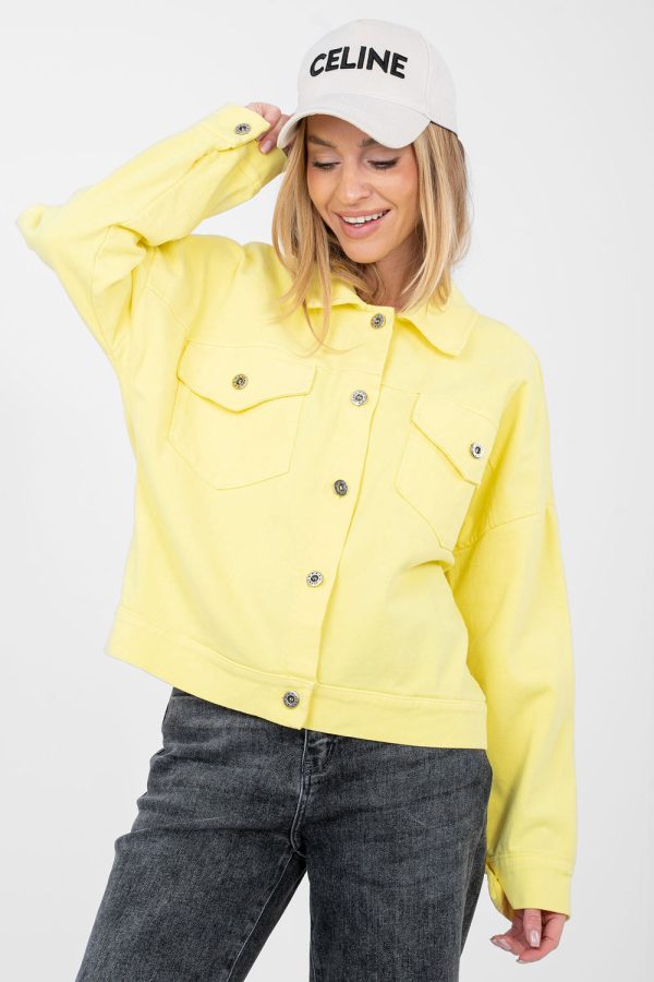 Yellow Denim Jacket in Women`s Coats, Jackets with Cotton and Spandex