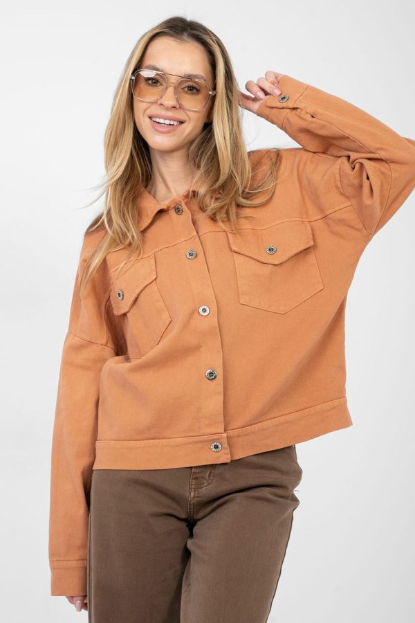 Orange Denim Jacket in Women`s Coats, Jackets with Cotton and Spandex