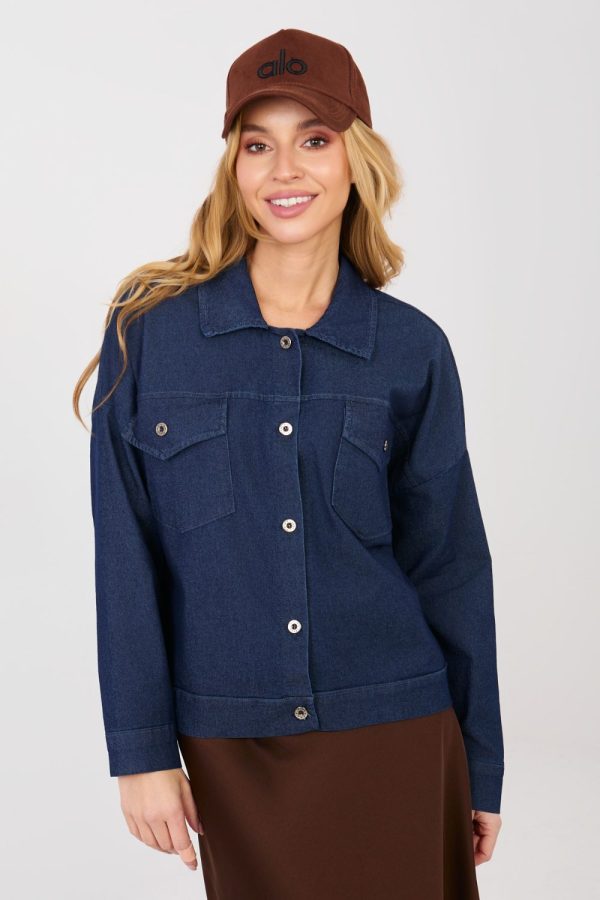 Navy Blue Denim Jacket in Women`s Coats, Jackets with Cotton, Spandex and Polyester
