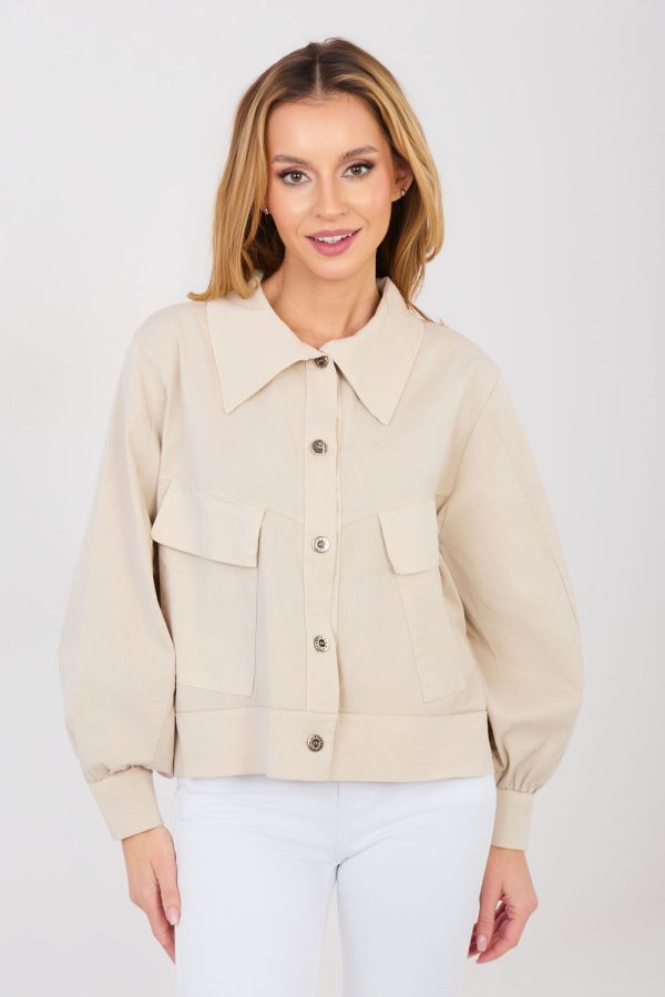 Beige Long Sleeve Shirt in Shirts For Women with Cotton and Spandex
