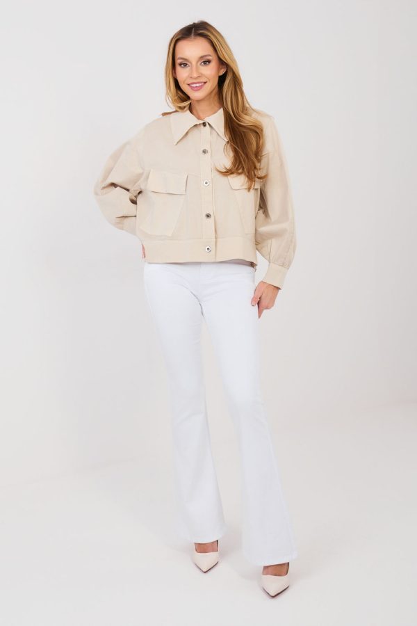 Beige Long Sleeve Shirt in Shirts For Women with Cotton and Spandex